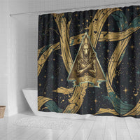 Anubis Ancient Egyptian Shower Curtain with Starry Mummy Wrap Pattern, Anubis Warrior Illustration, and Pyramid - Wonder Print Shop