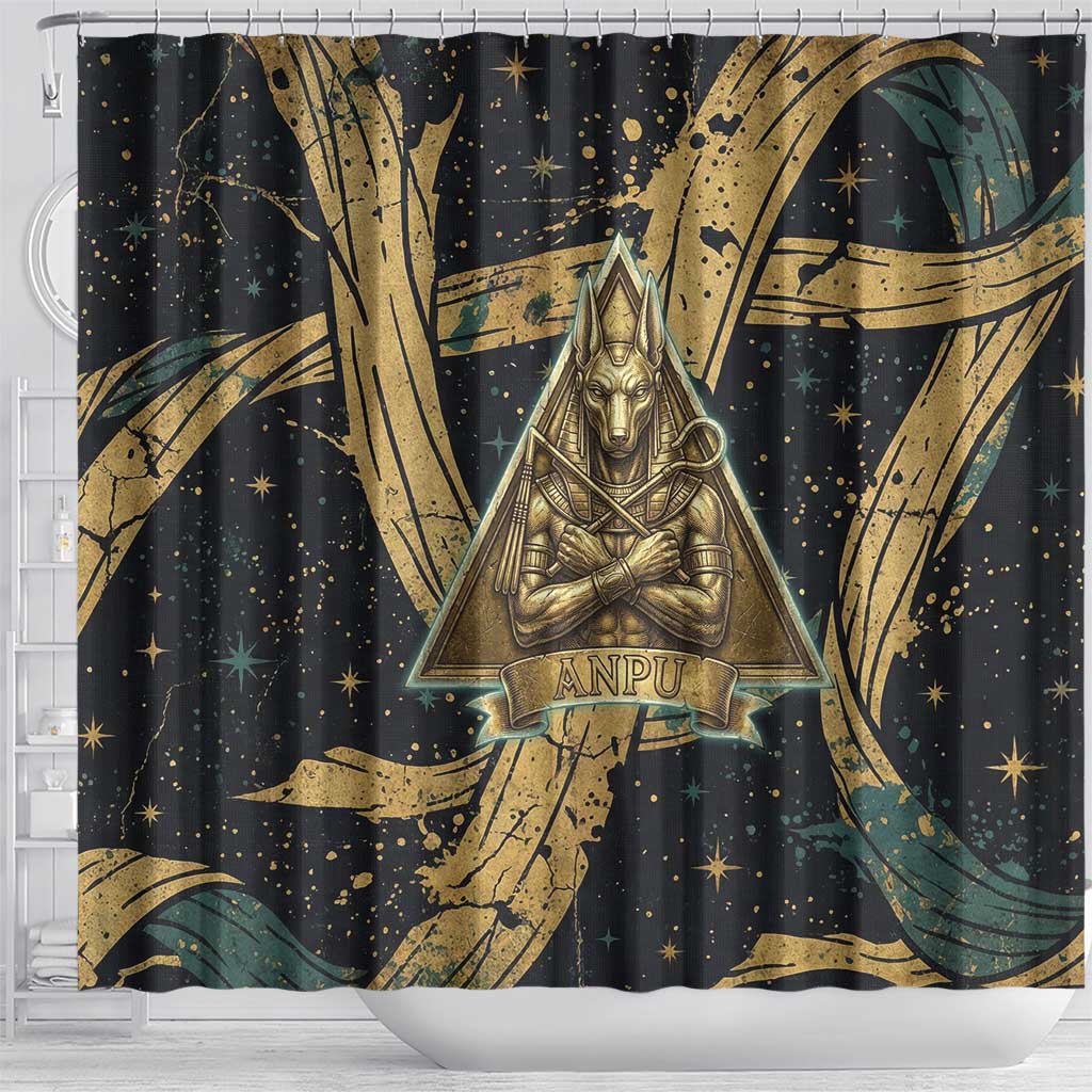 Anubis Ancient Egyptian Shower Curtain with Starry Mummy Wrap Pattern, Anubis Warrior Illustration, and Pyramid - Wonder Print Shop