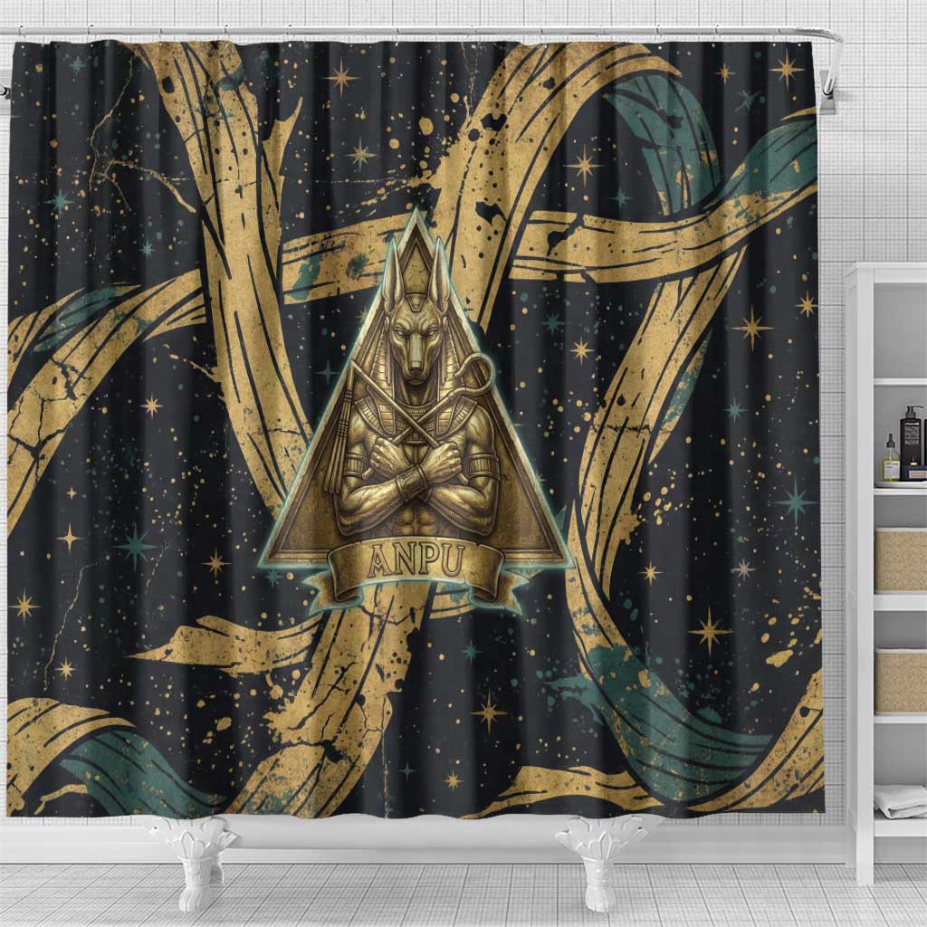 Anubis Ancient Egyptian Shower Curtain with Starry Mummy Wrap Pattern, Anubis Warrior Illustration, and Pyramid - Wonder Print Shop