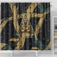 Anubis Ancient Egyptian Shower Curtain with Starry Mummy Wrap Pattern, Anubis Warrior Illustration, and Pyramid - Wonder Print Shop