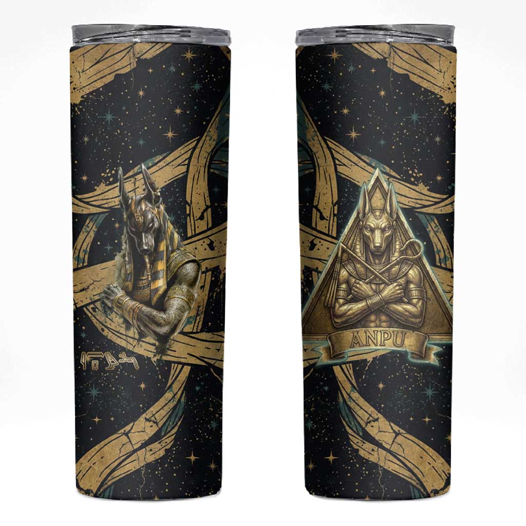 Anubis Ancient Egyptian Skinny Tumbler with Starry Mummy Wrap Pattern, Anubis Warrior Illustration, and Pyramid - Wonder Print Shop
