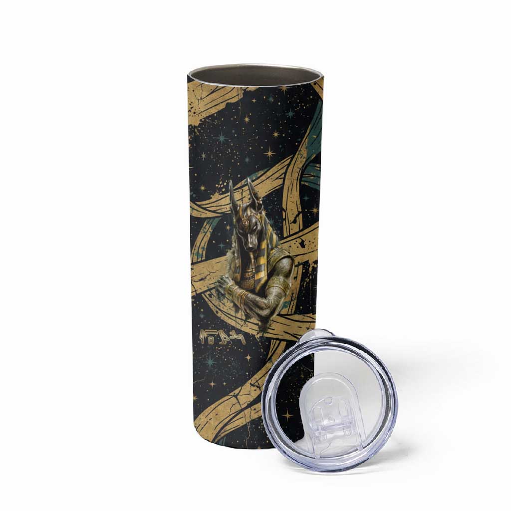 Anubis Ancient Egyptian Skinny Tumbler with Starry Mummy Wrap Pattern, Anubis Warrior Illustration, and Pyramid - Wonder Print Shop