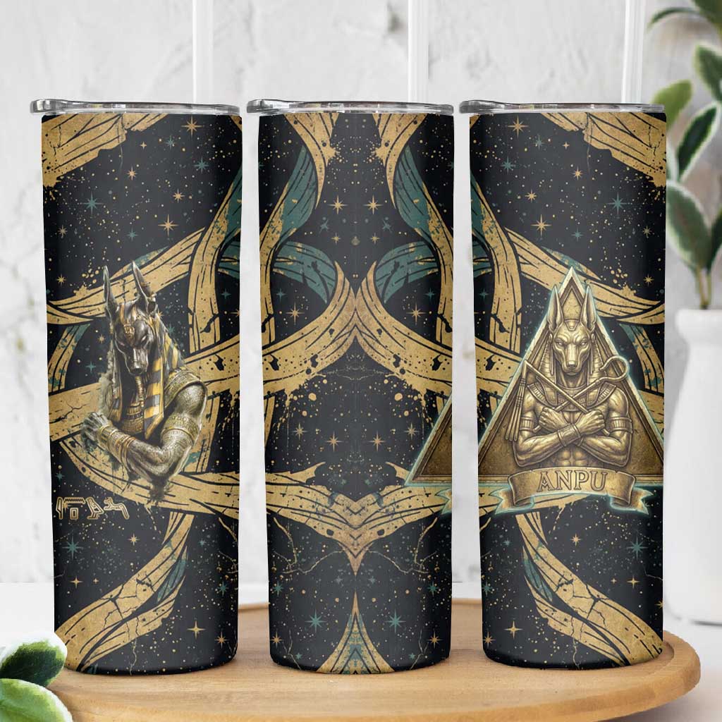 Anubis Ancient Egyptian Skinny Tumbler with Starry Mummy Wrap Pattern, Anubis Warrior Illustration, and Pyramid - Wonder Print Shop