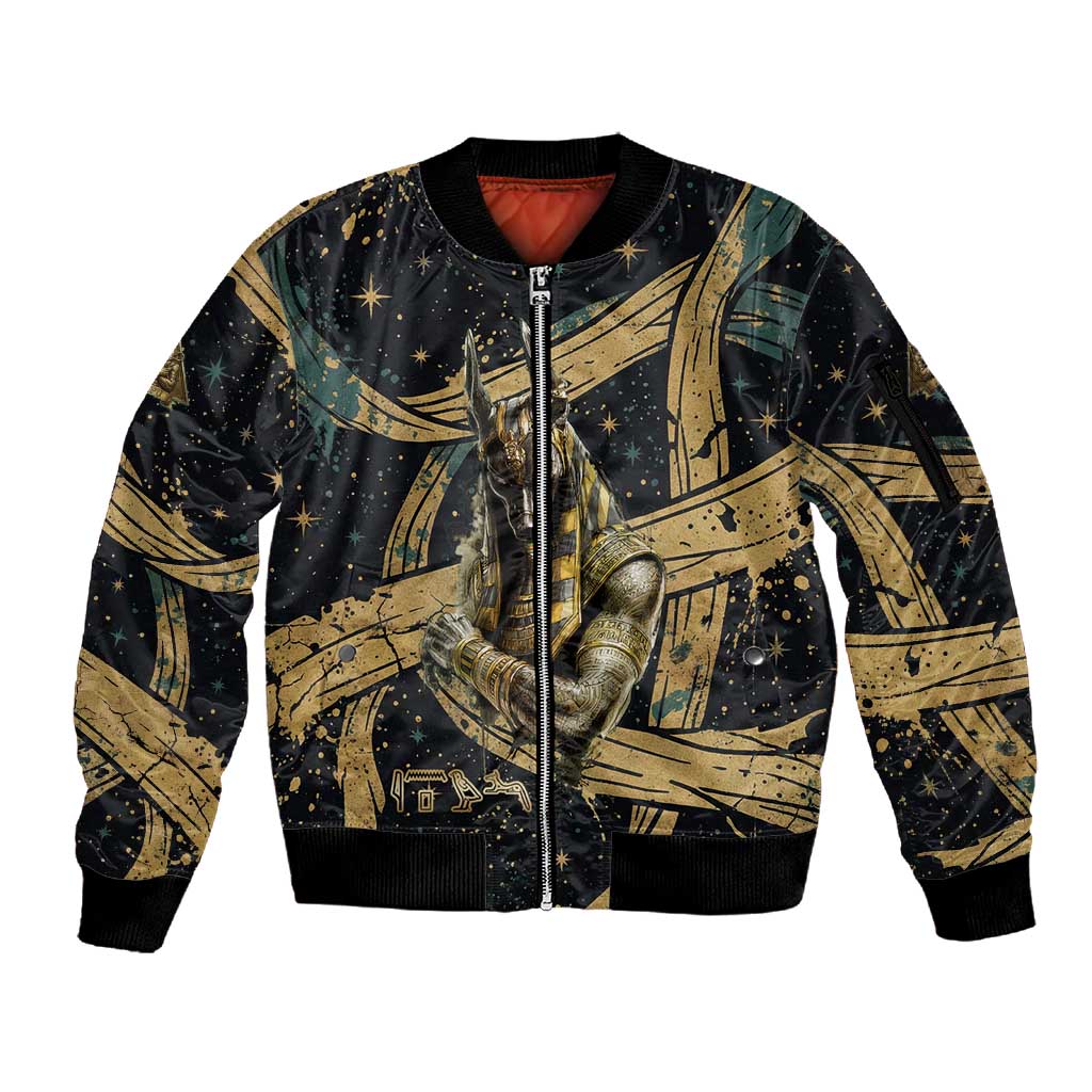 Anubis Ancient Egyptian Sleeve Zip Bomber Jacket with Starry Mummy Wrap Pattern, Anubis Warrior Illustration, and Pyramid - Wonder Print Shop