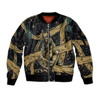 Anubis Ancient Egyptian Sleeve Zip Bomber Jacket with Starry Mummy Wrap Pattern, Anubis Warrior Illustration, and Pyramid - Wonder Print Shop