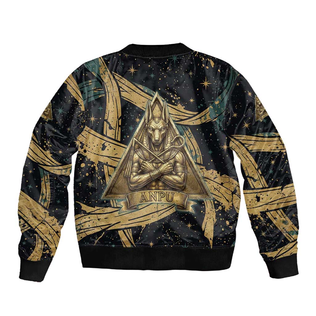 Anubis Ancient Egyptian Sleeve Zip Bomber Jacket with Starry Mummy Wrap Pattern, Anubis Warrior Illustration, and Pyramid - Wonder Print Shop