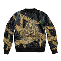 Anubis Ancient Egyptian Sleeve Zip Bomber Jacket with Starry Mummy Wrap Pattern, Anubis Warrior Illustration, and Pyramid - Wonder Print Shop