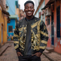 Anubis Ancient Egyptian Sleeve Zip Bomber Jacket with Starry Mummy Wrap Pattern, Anubis Warrior Illustration, and Pyramid - Wonder Print Shop