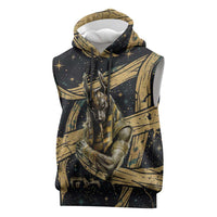 Anubis Ancient Egyptian Sleeveless Hoodie with Starry Mummy Wrap Pattern, Anubis Warrior Illustration, and Pyramid - Wonder Print Shop