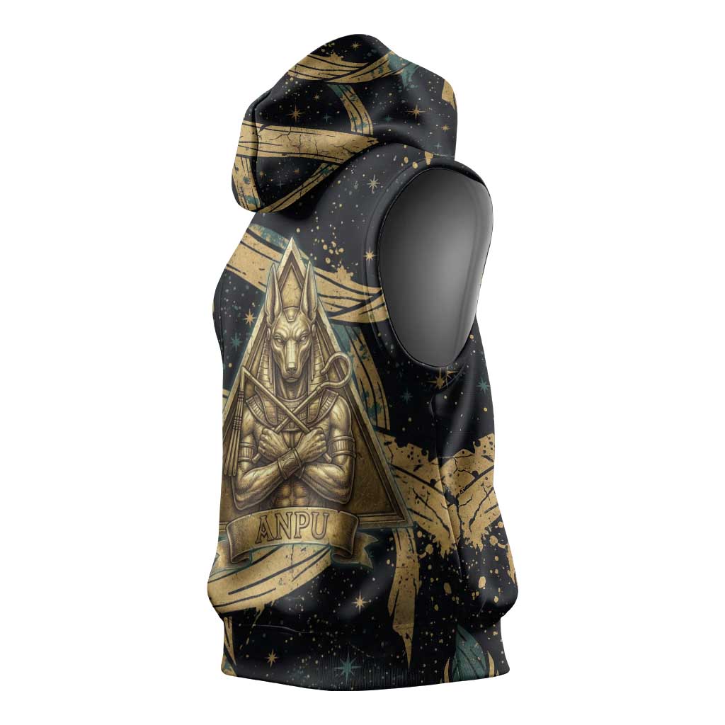 Anubis Ancient Egyptian Sleeveless Hoodie with Starry Mummy Wrap Pattern, Anubis Warrior Illustration, and Pyramid - Wonder Print Shop