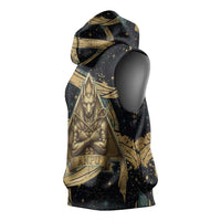 Anubis Ancient Egyptian Sleeveless Hoodie with Starry Mummy Wrap Pattern, Anubis Warrior Illustration, and Pyramid - Wonder Print Shop
