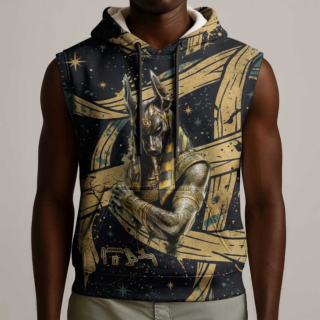 Anubis Ancient Egyptian Sleeveless Hoodie with Starry Mummy Wrap Pattern, Anubis Warrior Illustration, and Pyramid - Wonder Print Shop