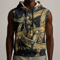 Anubis Ancient Egyptian Sleeveless Hoodie with Starry Mummy Wrap Pattern, Anubis Warrior Illustration, and Pyramid - Wonder Print Shop