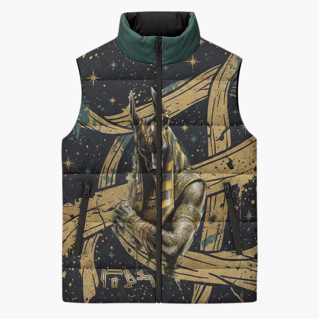 Anubis Ancient Egyptian Sleeveless Puffer Jacket with Starry Mummy Wrap Pattern, Anubis Warrior Illustration, and Pyramid - Wonder Print Shop