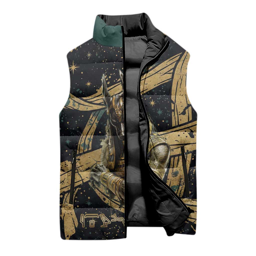 Anubis Ancient Egyptian Sleeveless Puffer Jacket with Starry Mummy Wrap Pattern, Anubis Warrior Illustration, and Pyramid - Wonder Print Shop