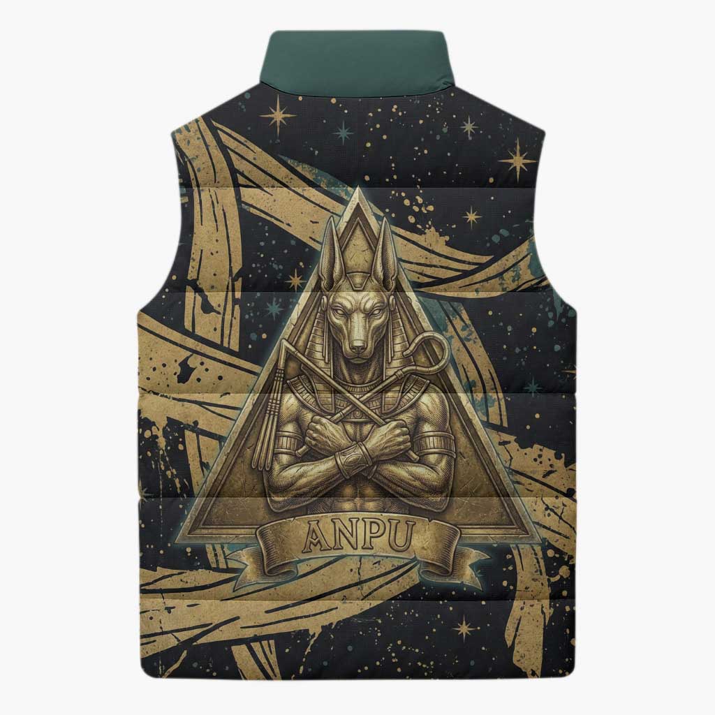 Anubis Ancient Egyptian Sleeveless Puffer Jacket with Starry Mummy Wrap Pattern, Anubis Warrior Illustration, and Pyramid - Wonder Print Shop
