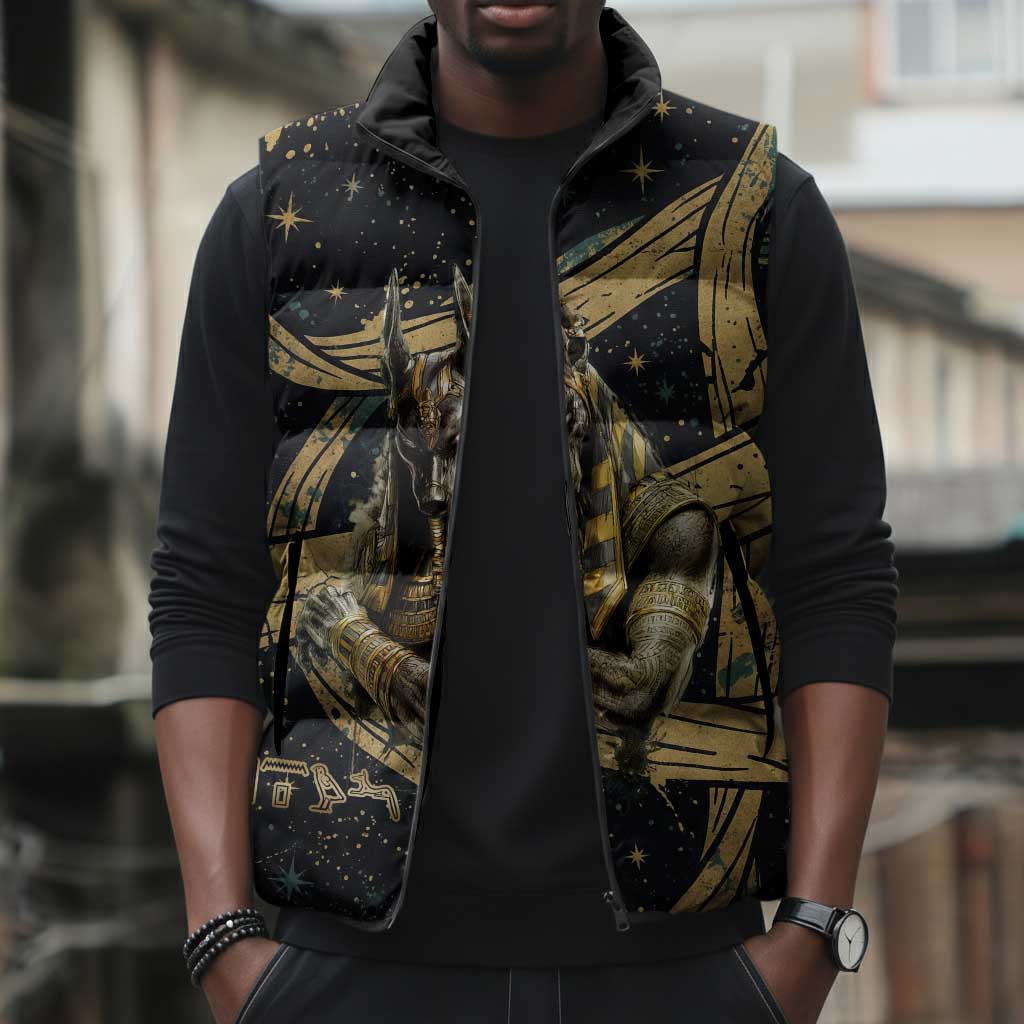 Anubis Ancient Egyptian Sleeveless Puffer Jacket with Starry Mummy Wrap Pattern, Anubis Warrior Illustration, and Pyramid - Wonder Print Shop