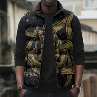 Anubis Ancient Egyptian Sleeveless Puffer Jacket with Starry Mummy Wrap Pattern, Anubis Warrior Illustration, and Pyramid - Wonder Print Shop