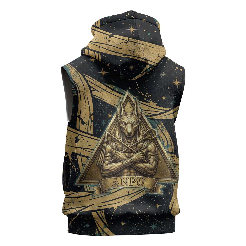 Anubis Ancient Egyptian Sleeveless Zip Hoodie with Starry Mummy Wrap Pattern, Anubis Warrior Illustration, and Pyramid - Wonder Print Shop