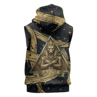Anubis Ancient Egyptian Sleeveless Zip Hoodie with Starry Mummy Wrap Pattern, Anubis Warrior Illustration, and Pyramid - Wonder Print Shop