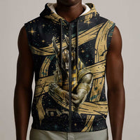 Anubis Ancient Egyptian Sleeveless Zip Hoodie with Starry Mummy Wrap Pattern, Anubis Warrior Illustration, and Pyramid - Wonder Print Shop