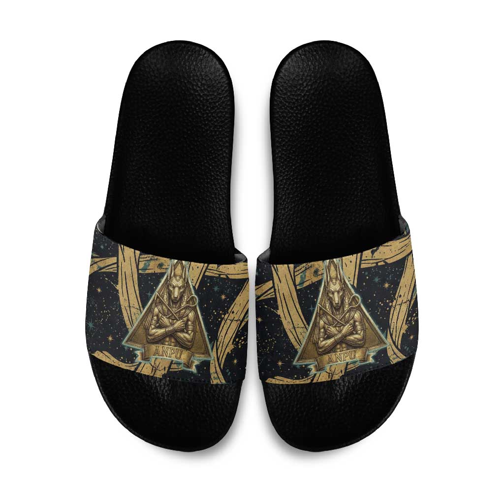 Anubis Ancient Egyptian Slide Sandals with Starry Mummy Wrap Pattern, Anubis Warrior Illustration, and Pyramid - Wonder Print Shop