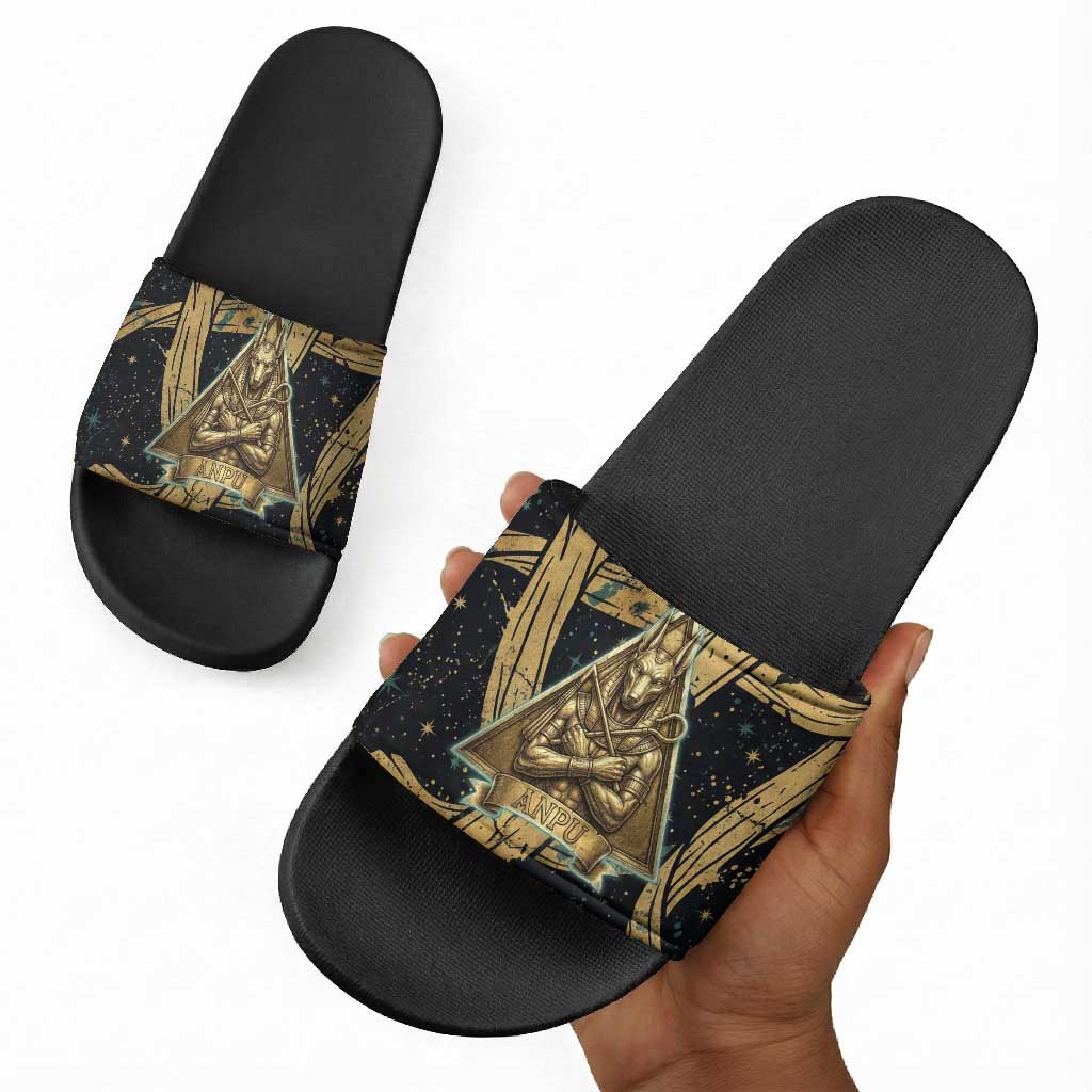 Anubis Ancient Egyptian Slide Sandals with Starry Mummy Wrap Pattern, Anubis Warrior Illustration, and Pyramid - Wonder Print Shop