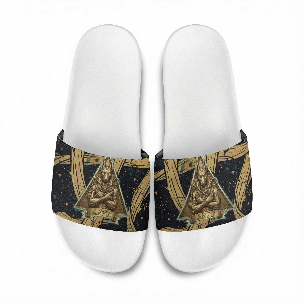 Anubis Ancient Egyptian Slide Sandals with Starry Mummy Wrap Pattern, Anubis Warrior Illustration, and Pyramid - Wonder Print Shop