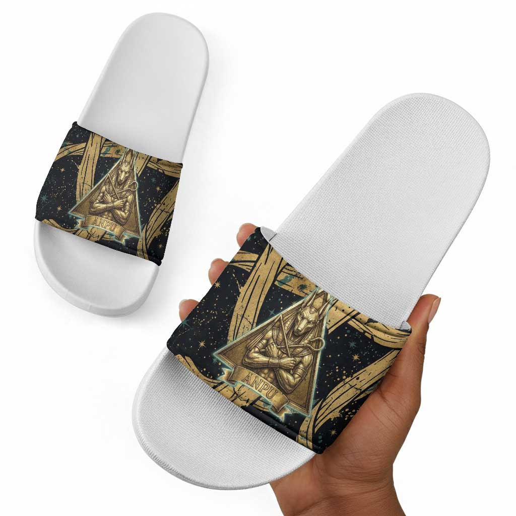 Anubis Ancient Egyptian Slide Sandals with Starry Mummy Wrap Pattern, Anubis Warrior Illustration, and Pyramid - Wonder Print Shop