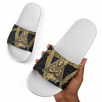 Anubis Ancient Egyptian Slide Sandals with Starry Mummy Wrap Pattern, Anubis Warrior Illustration, and Pyramid - Wonder Print Shop