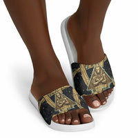 Anubis Ancient Egyptian Slide Sandals with Starry Mummy Wrap Pattern, Anubis Warrior Illustration, and Pyramid - Wonder Print Shop