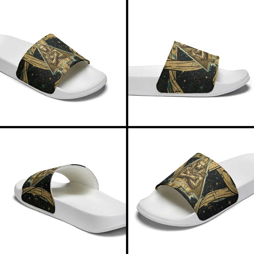 Anubis Ancient Egyptian Slide Sandals with Starry Mummy Wrap Pattern, Anubis Warrior Illustration, and Pyramid - Wonder Print Shop