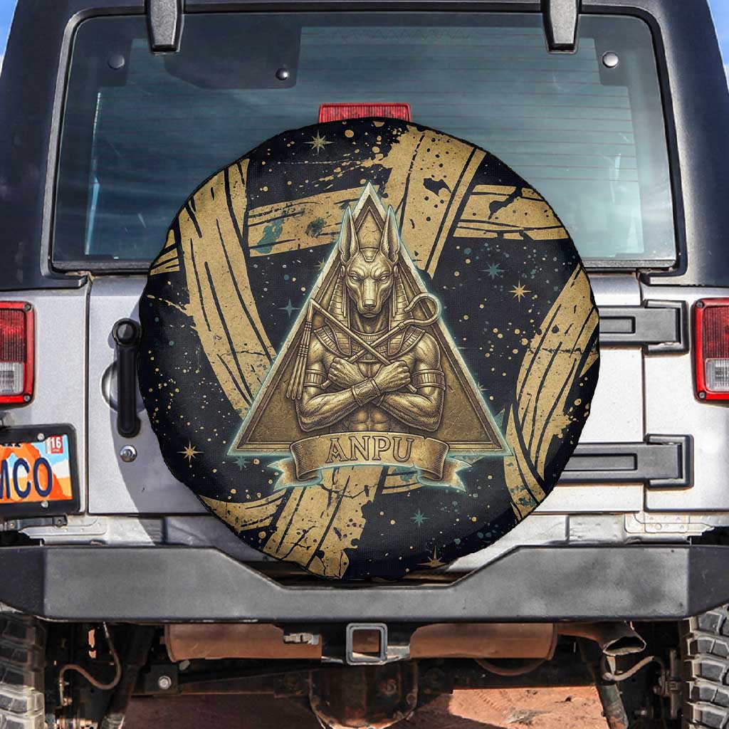 Anubis Ancient Egyptian Spare Tire Cover with Starry Mummy Wrap Pattern, Anubis Warrior Illustration, and Pyramid - Wonder Print Shop