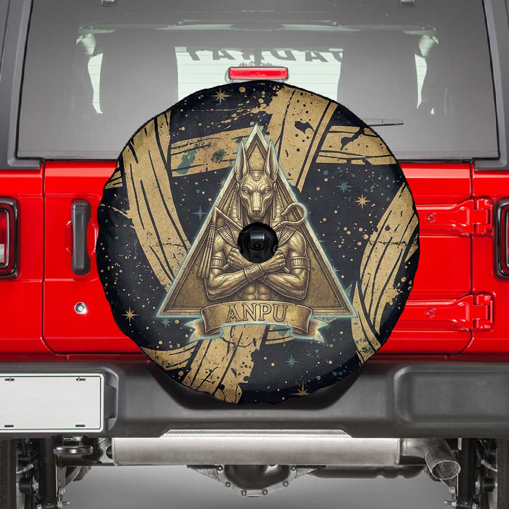 Anubis Ancient Egyptian Spare Tire Cover with Starry Mummy Wrap Pattern, Anubis Warrior Illustration, and Pyramid - Wonder Print Shop