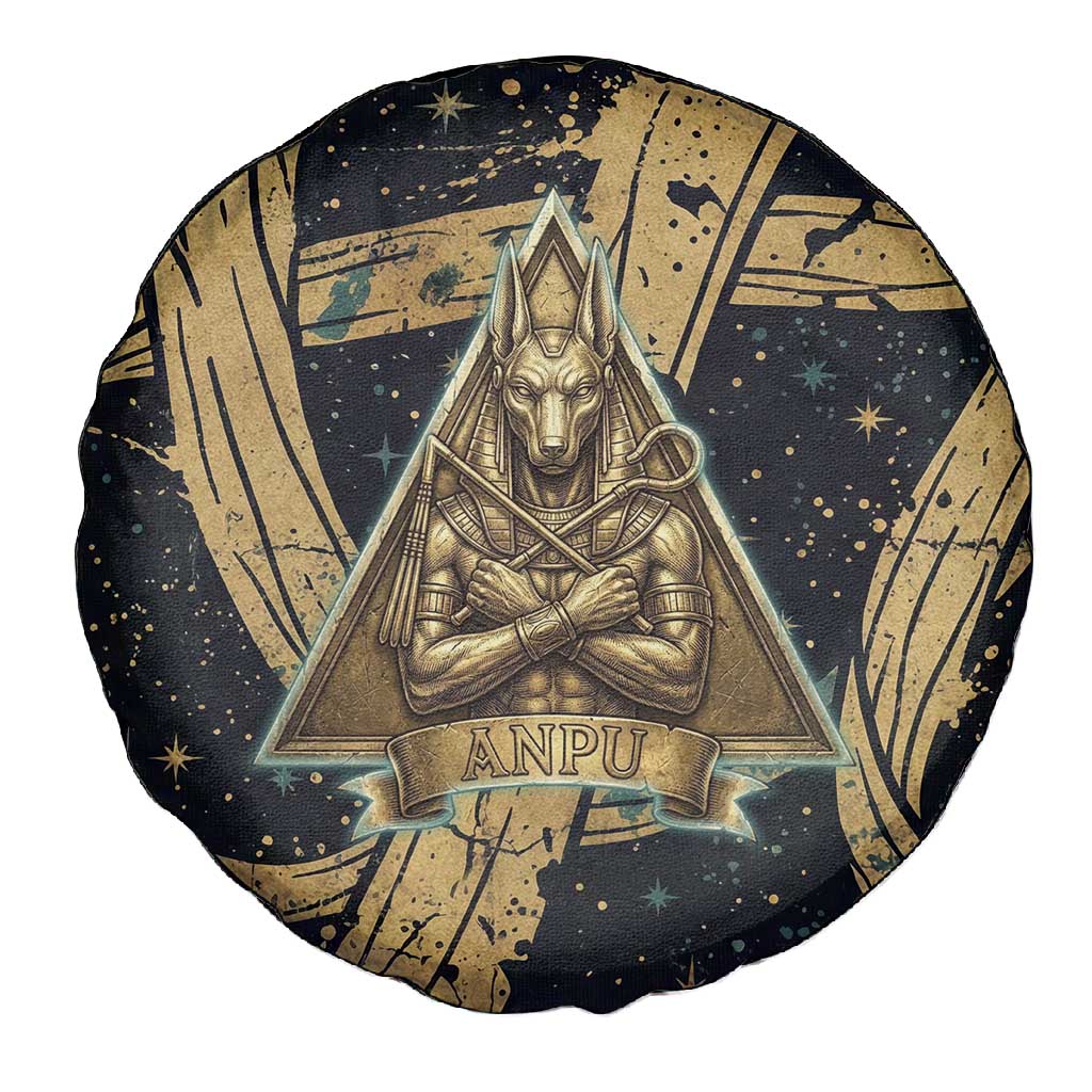 Anubis Ancient Egyptian Spare Tire Cover with Starry Mummy Wrap Pattern, Anubis Warrior Illustration, and Pyramid - Wonder Print Shop