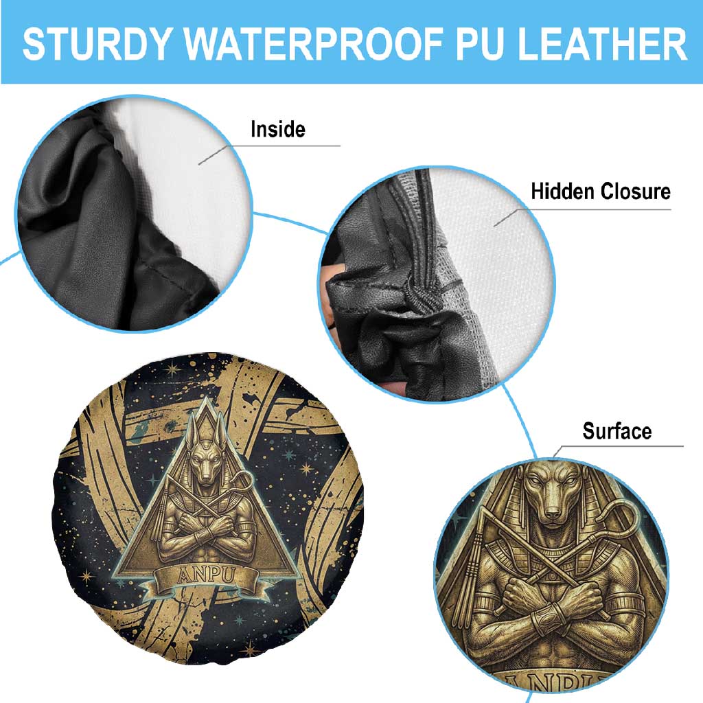 Anubis Ancient Egyptian Spare Tire Cover with Starry Mummy Wrap Pattern, Anubis Warrior Illustration, and Pyramid - Wonder Print Shop