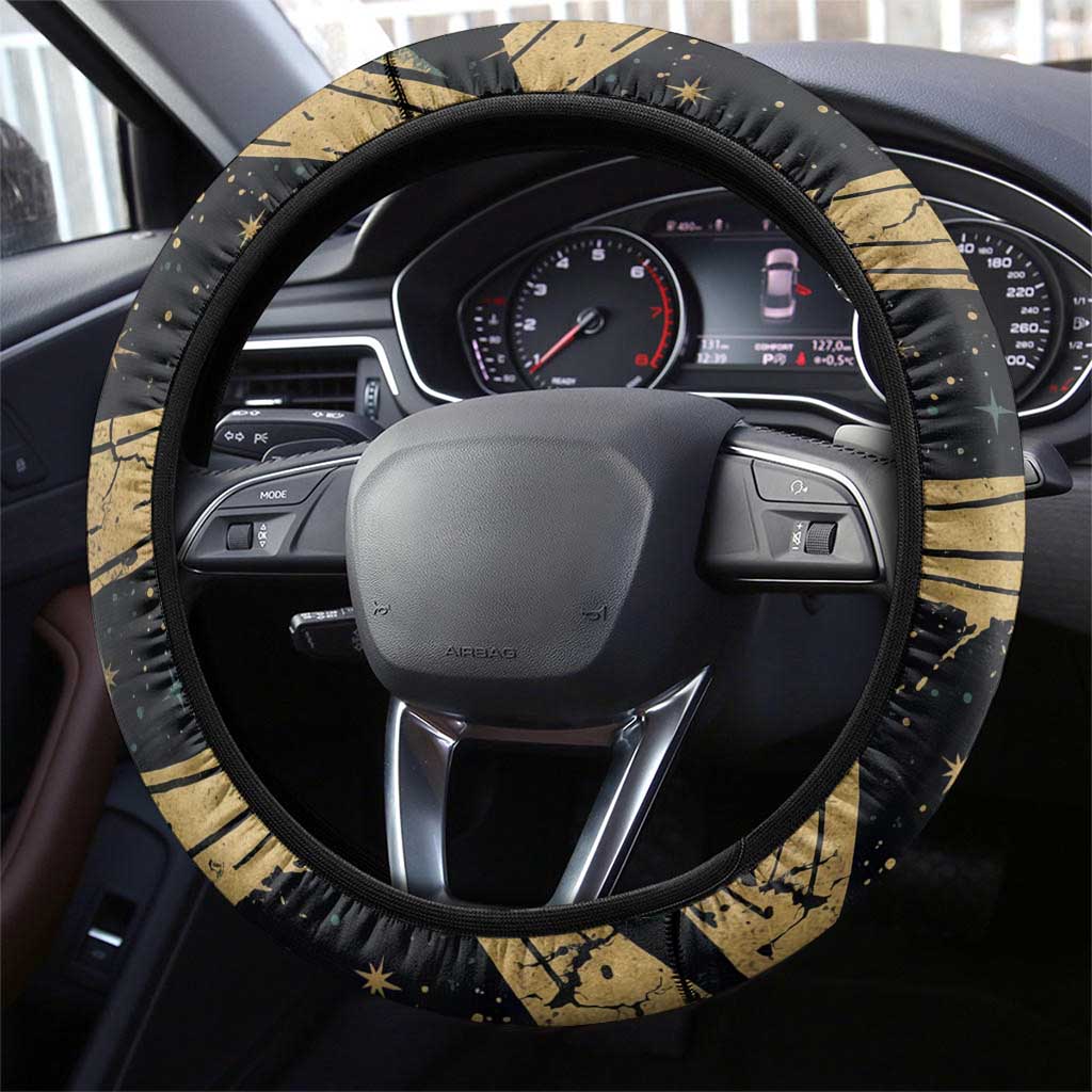 Anubis Ancient Egyptian Steering Wheel Cover with Starry Mummy Wrap Pattern, Anubis Warrior Illustration, and Pyramid - Wonder Print Shop