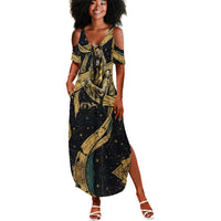 Anubis Ancient Egyptian Summer Maxi Dress with Starry Mummy Wrap Pattern, Anubis Warrior Illustration, and Pyramid - Wonder Print Shop