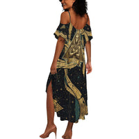 Anubis Ancient Egyptian Summer Maxi Dress with Starry Mummy Wrap Pattern, Anubis Warrior Illustration, and Pyramid - Wonder Print Shop