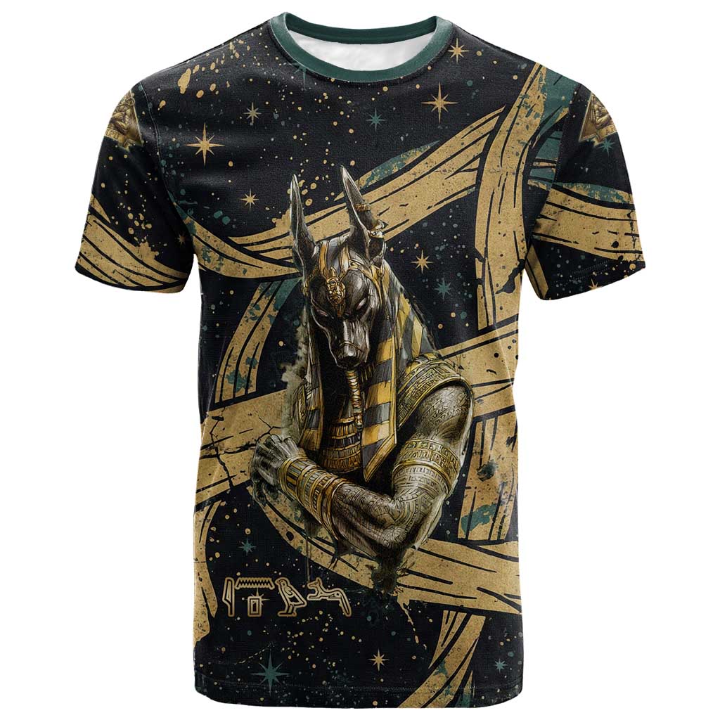 Anubis Ancient Egyptian T shirt with Starry Mummy Wrap Pattern, Anubis Warrior Illustration, and Pyramid - Wonder Print Shop