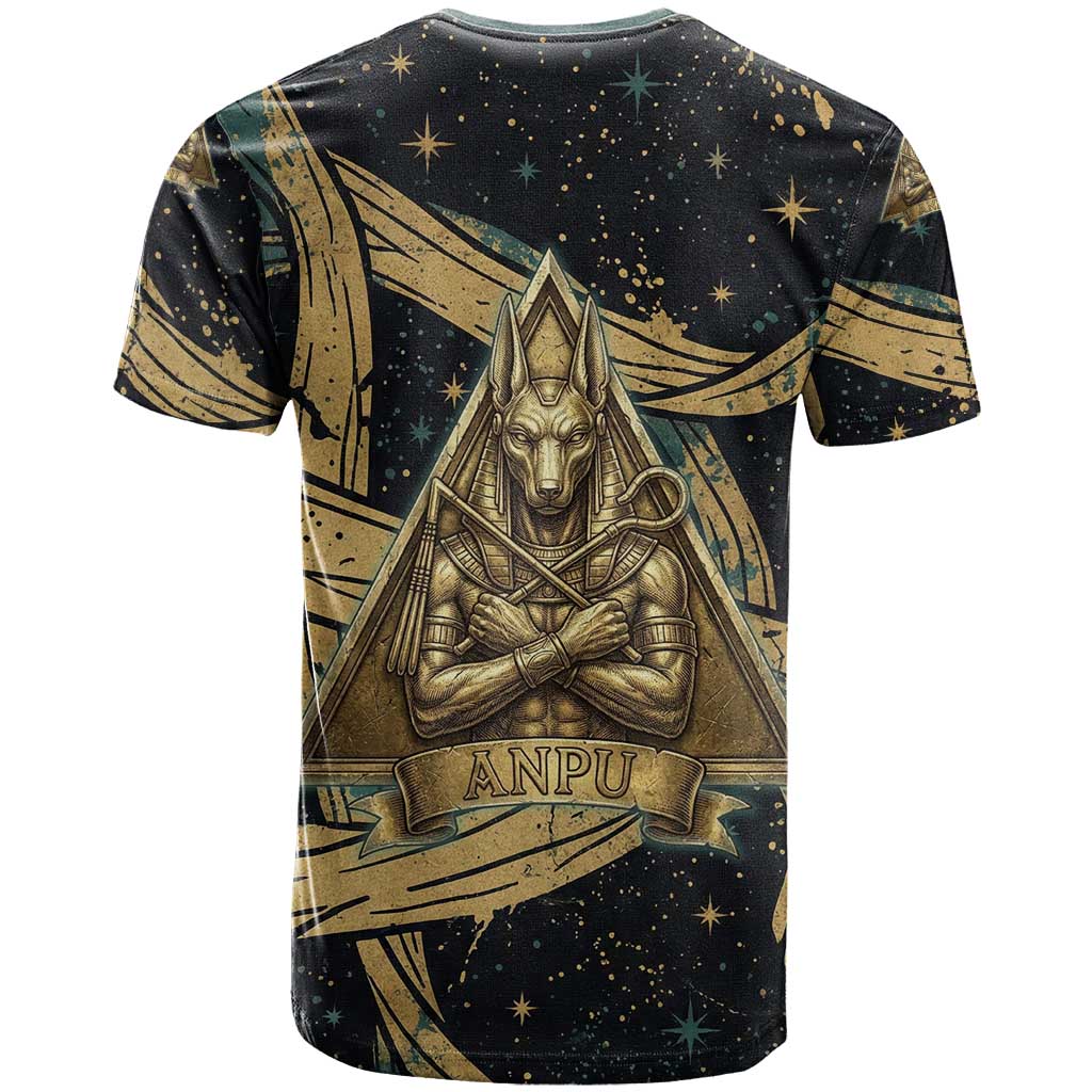 Anubis Ancient Egyptian T shirt with Starry Mummy Wrap Pattern, Anubis Warrior Illustration, and Pyramid - Wonder Print Shop