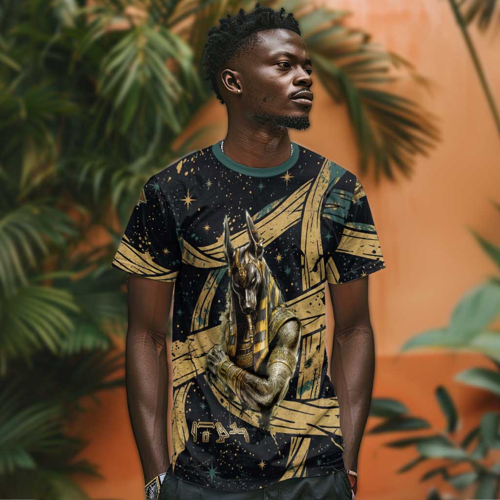 Anubis Ancient Egyptian T shirt with Starry Mummy Wrap Pattern, Anubis Warrior Illustration, and Pyramid - Wonder Print Shop