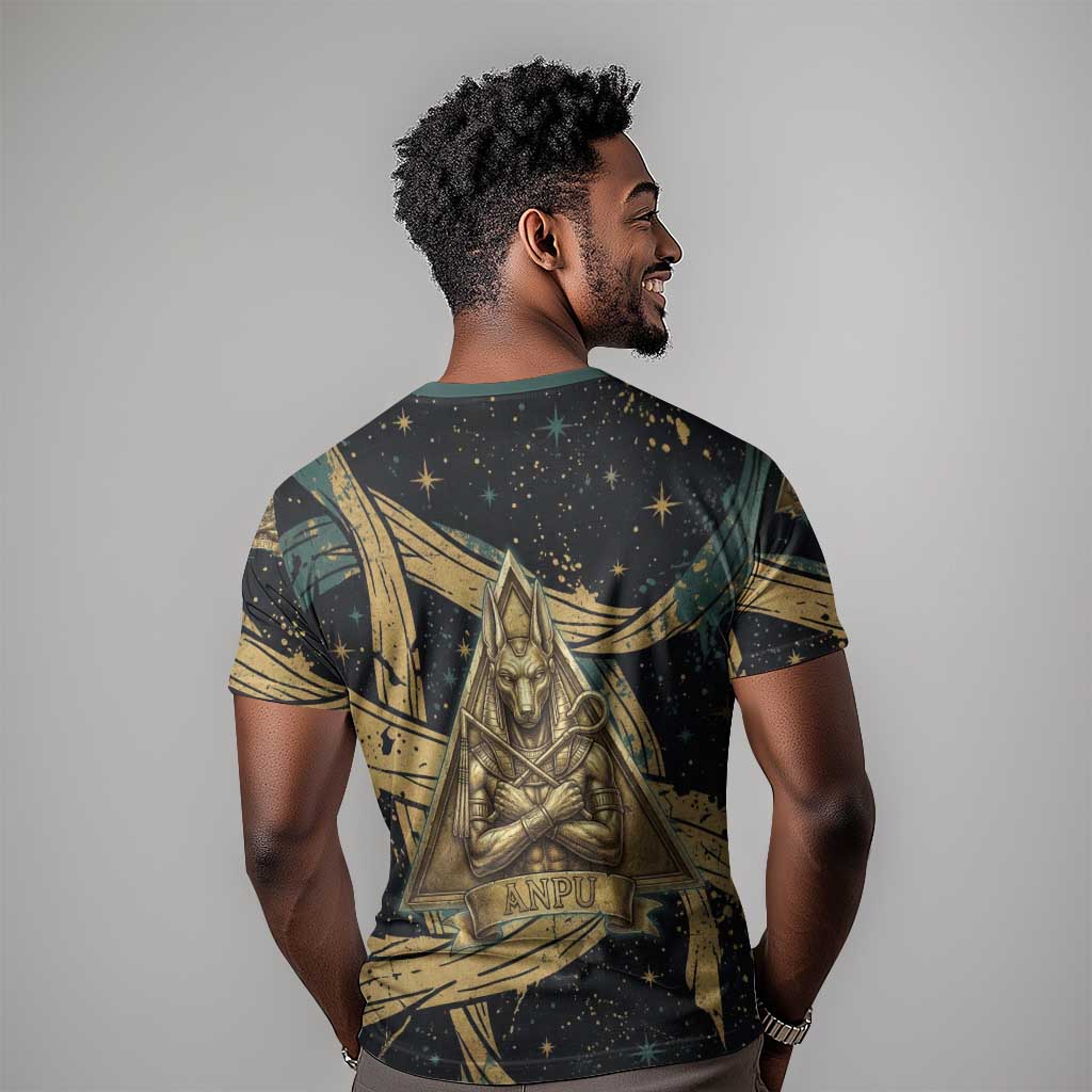 Anubis Ancient Egyptian T shirt with Starry Mummy Wrap Pattern, Anubis Warrior Illustration, and Pyramid - Wonder Print Shop