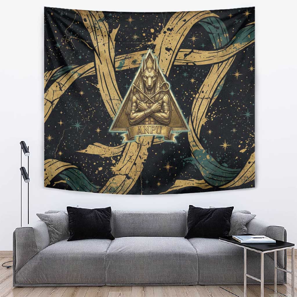 Anubis Ancient Egyptian Tapestry with Starry Mummy Wrap Pattern, Anubis Warrior Illustration, and Pyramid - Wonder Print Shop