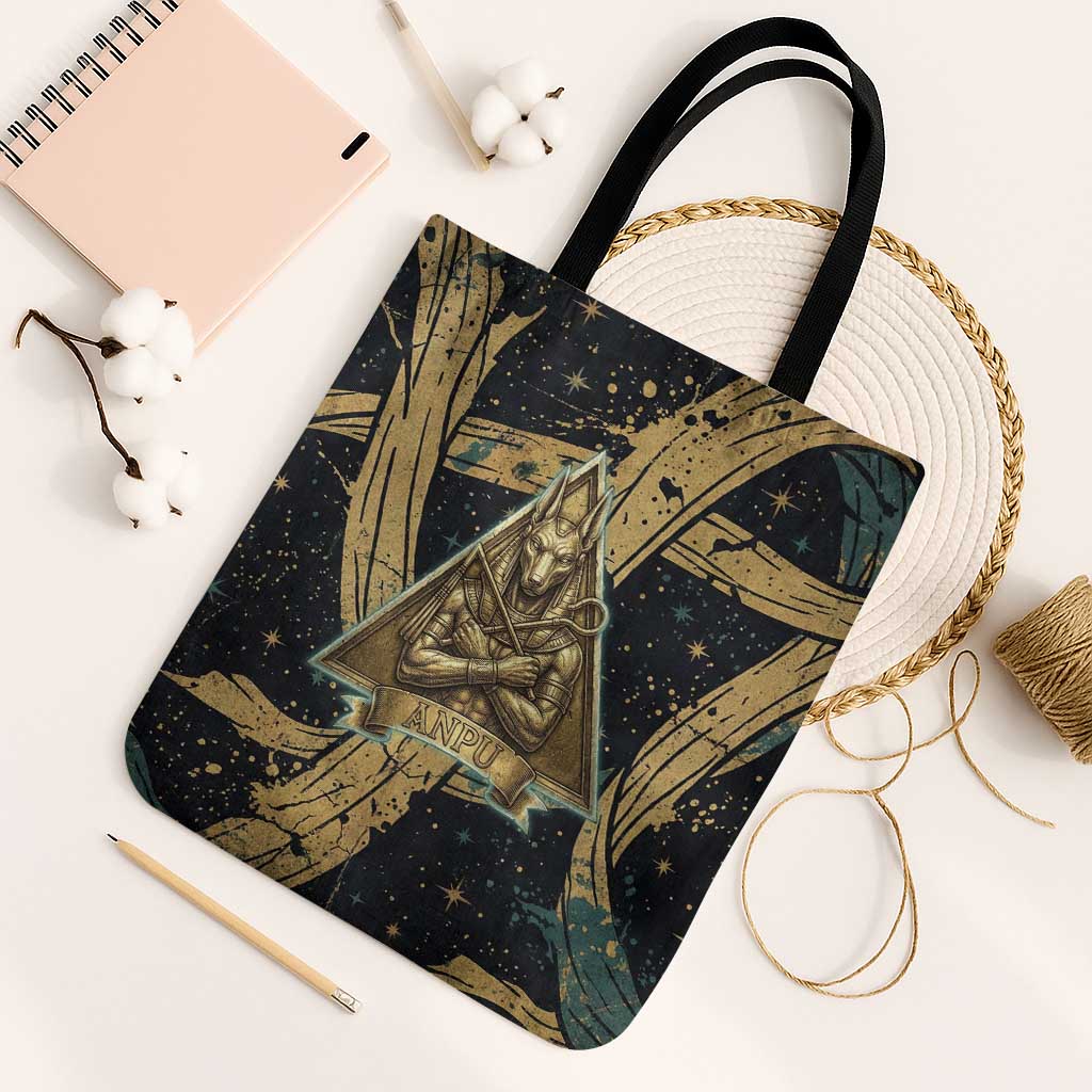 Anubis Ancient Egyptian Tote Bag with Starry Mummy Wrap Pattern, Anubis Warrior Illustration, and Pyramid - Wonder Print Shop