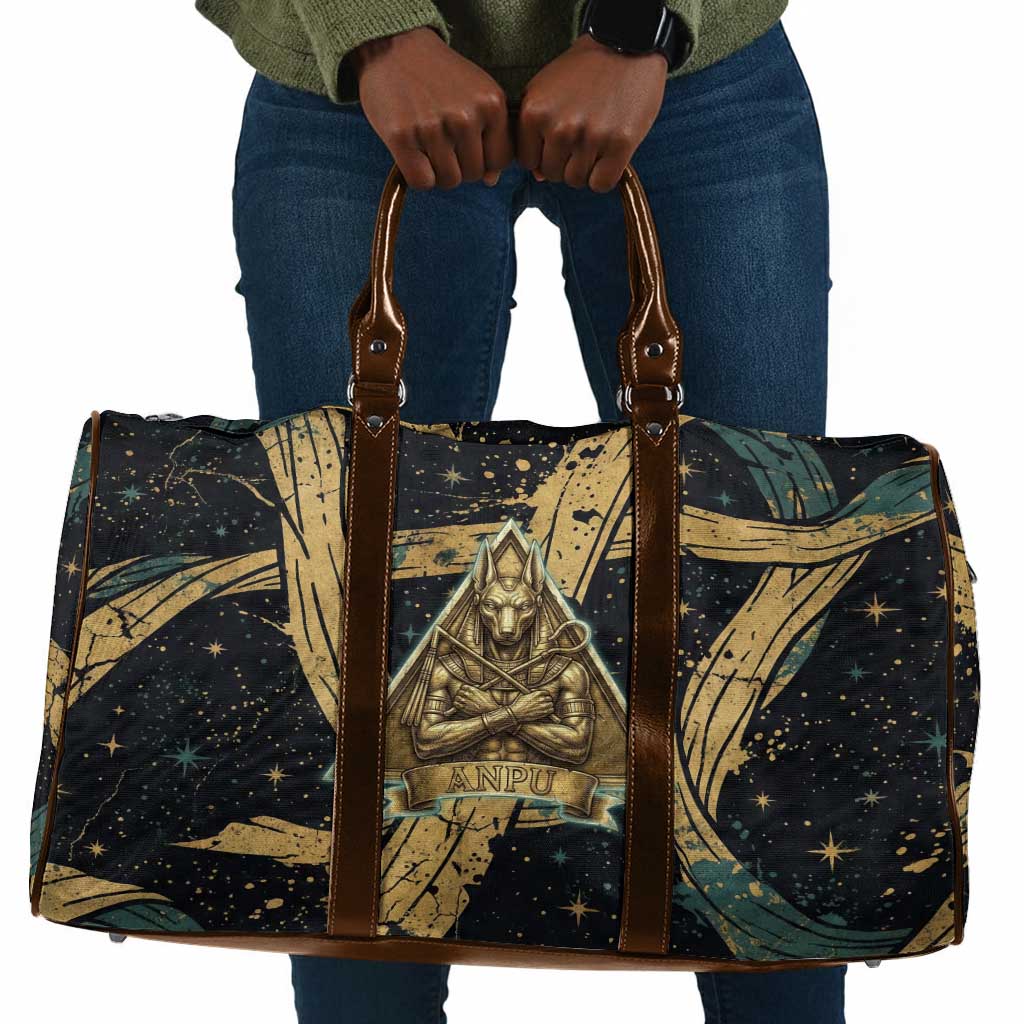 Anubis Ancient Egyptian Travel Bag with Starry Mummy Wrap Pattern, Anubis Warrior Illustration, and Pyramid - Wonder Print Shop