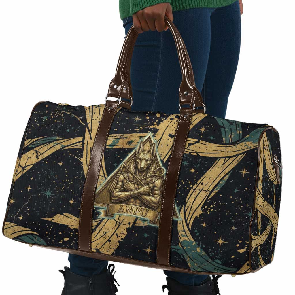 Anubis Ancient Egyptian Travel Bag with Starry Mummy Wrap Pattern, Anubis Warrior Illustration, and Pyramid - Wonder Print Shop