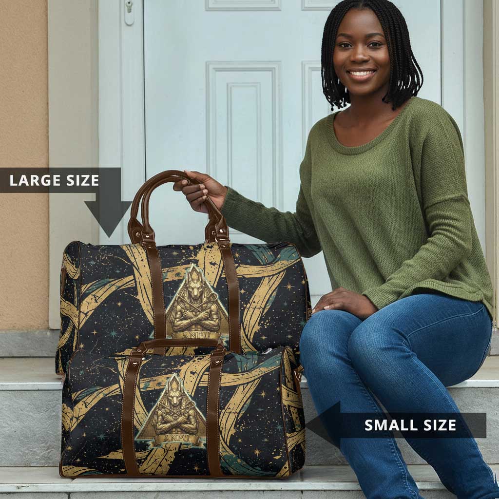 Anubis Ancient Egyptian Travel Bag with Starry Mummy Wrap Pattern, Anubis Warrior Illustration, and Pyramid - Wonder Print Shop