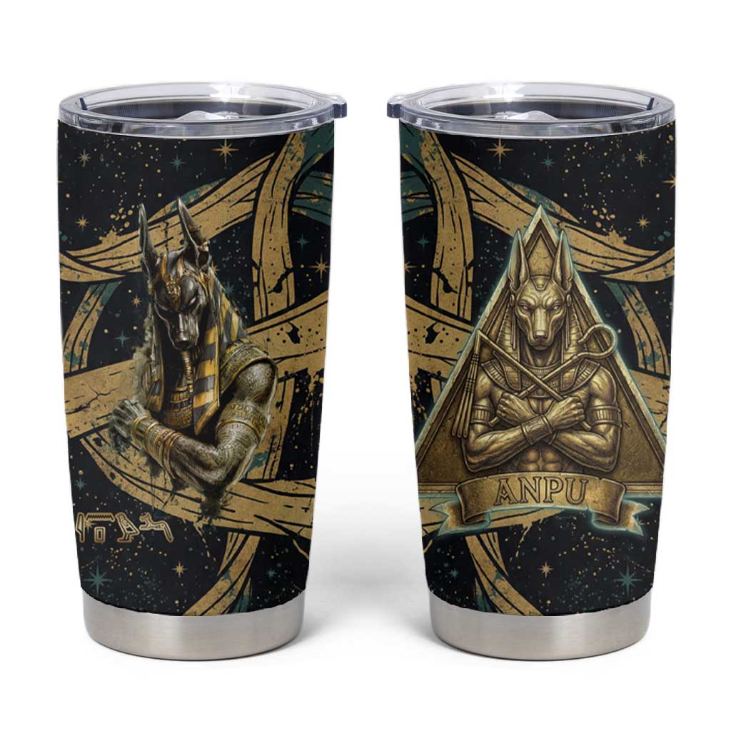 Anubis Ancient Egyptian Tumbler Cup with Starry Mummy Wrap Pattern, Anubis Warrior Illustration, and Pyramid - Wonder Print Shop