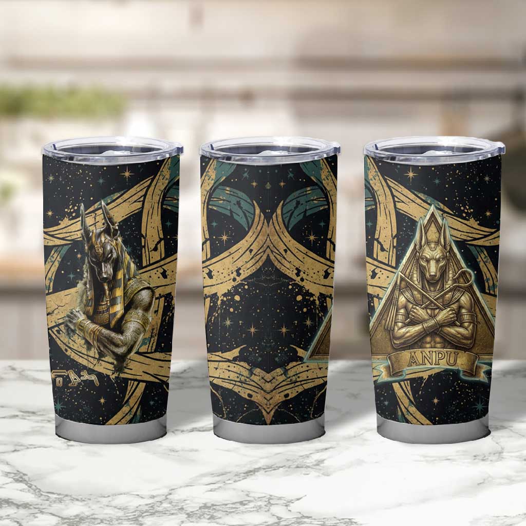Anubis Ancient Egyptian Tumbler Cup with Starry Mummy Wrap Pattern, Anubis Warrior Illustration, and Pyramid - Wonder Print Shop